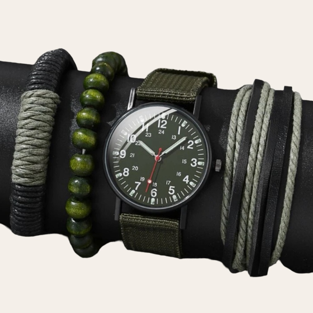 Quartz Watch & 3PCS Beaded Bracelet-Army Green